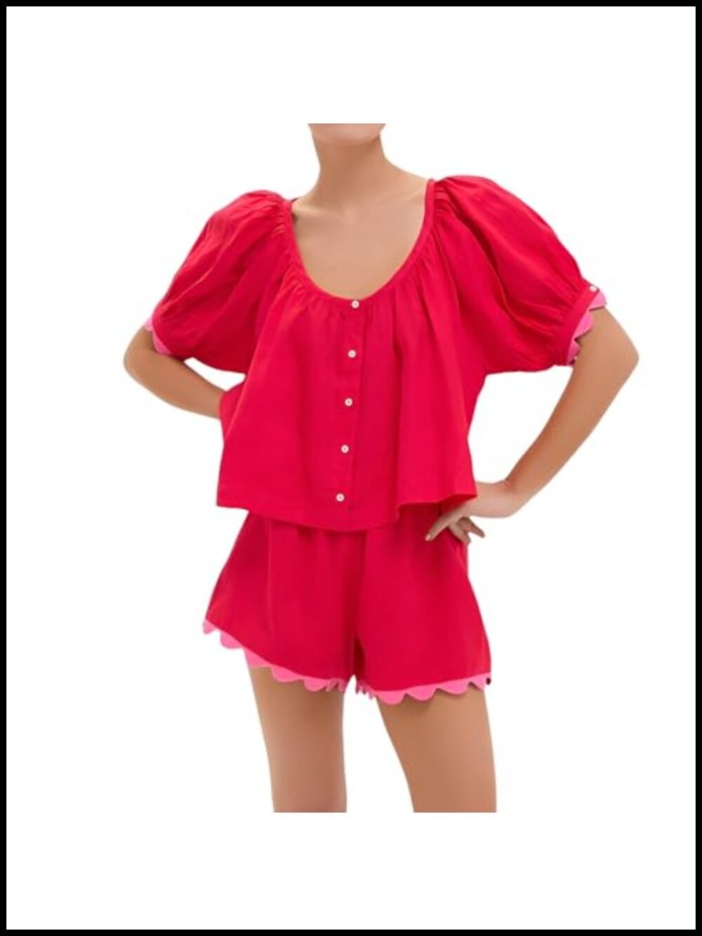 Linen Cotton Two Piece Short Set Button Down Puff Sleeve Scalloped Hem Casual